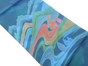 流水に遠山・木々模様織出し名古屋帯